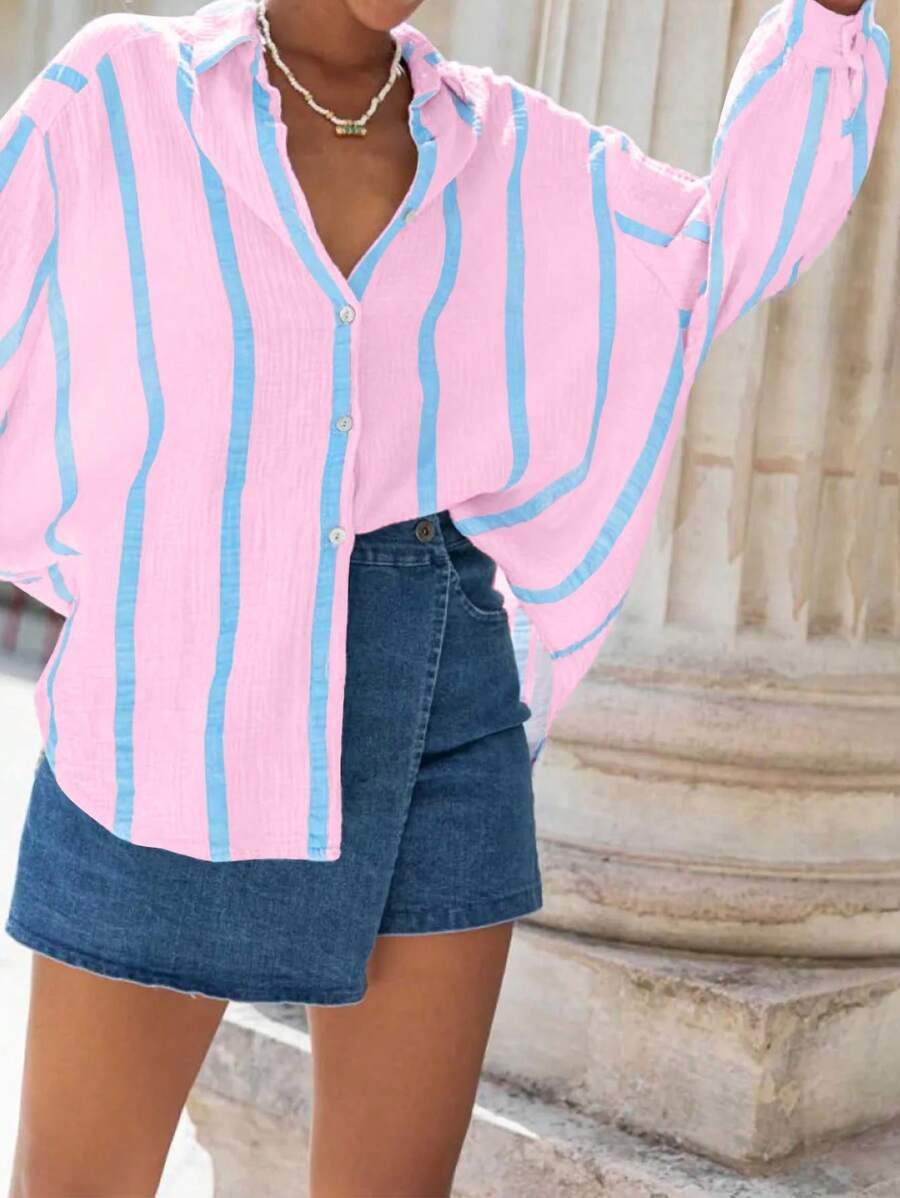 VINCLAIRE™ – Women's Cosy Striped Long Sleeve Button-Down Blouse