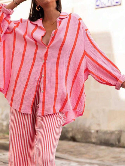 VINCLAIRE™ – Women's Cosy Striped Long Sleeve Button-Down Blouse