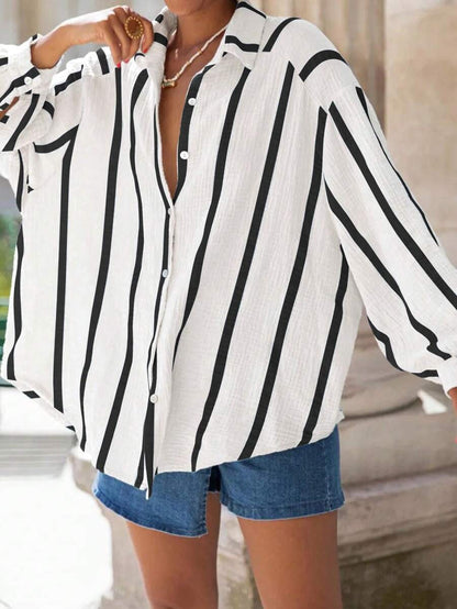 VINCLAIRE™ – Women's Cosy Striped Long Sleeve Button-Down Blouse
