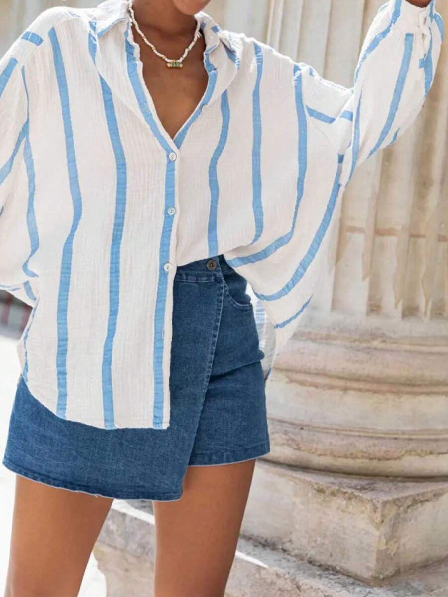VINCLAIRE™ – Women's Cosy Striped Long Sleeve Button-Down Blouse