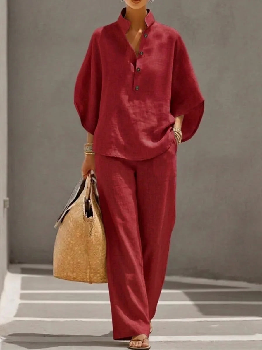 Aurelia™ | Luxe Linen Co-Ord Set – Structured Blouse & Wide-Leg Trousers