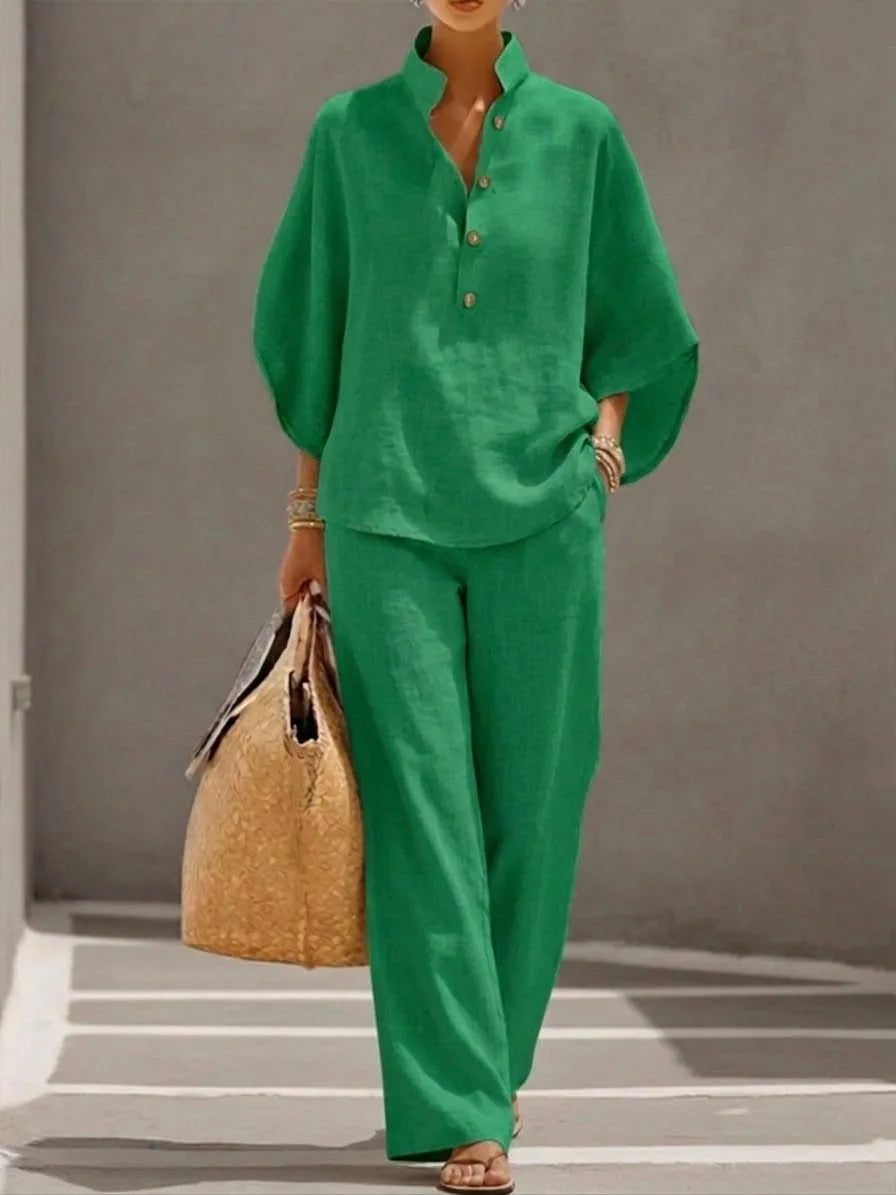 Aurelia™ | Luxe Linen Co-Ord Set – Structured Blouse & Wide-Leg Trousers