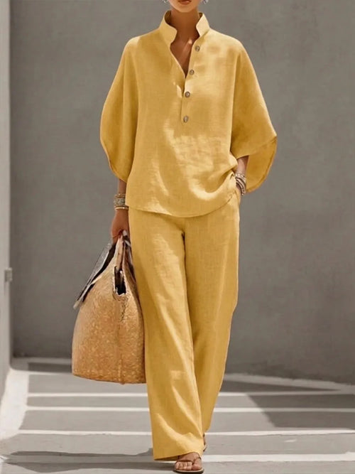 Aurelia™ | Luxe Linen Co-Ord Set – Structured Blouse & Wide-Leg Trousers