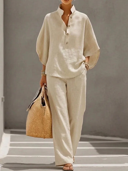 Aurelia™ | Luxe Linen Co-Ord Set – Structured Blouse & Wide-Leg Trousers