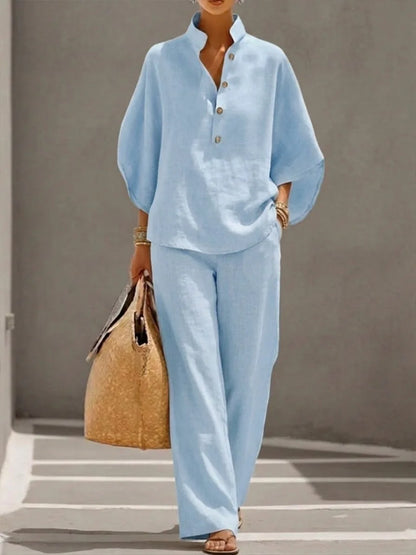 Aurelia™ | Luxe Linen Co-Ord Set – Structured Blouse & Wide-Leg Trousers