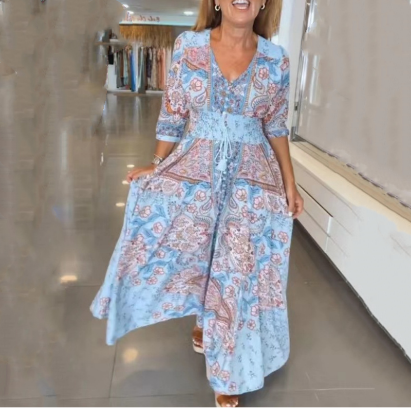 Women’s Elegant Floral Drawstring Long Dress