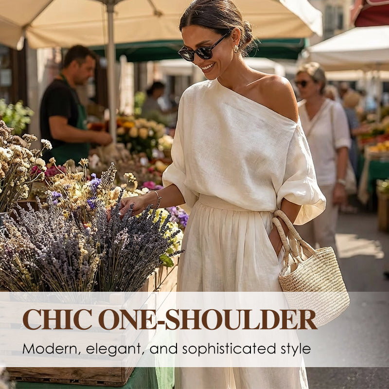 Women's Asymmetrical One-Shoulder Top & Pants Set – Flowy, Pockets & Cinched Waist for Effortless Elegance 👗✨