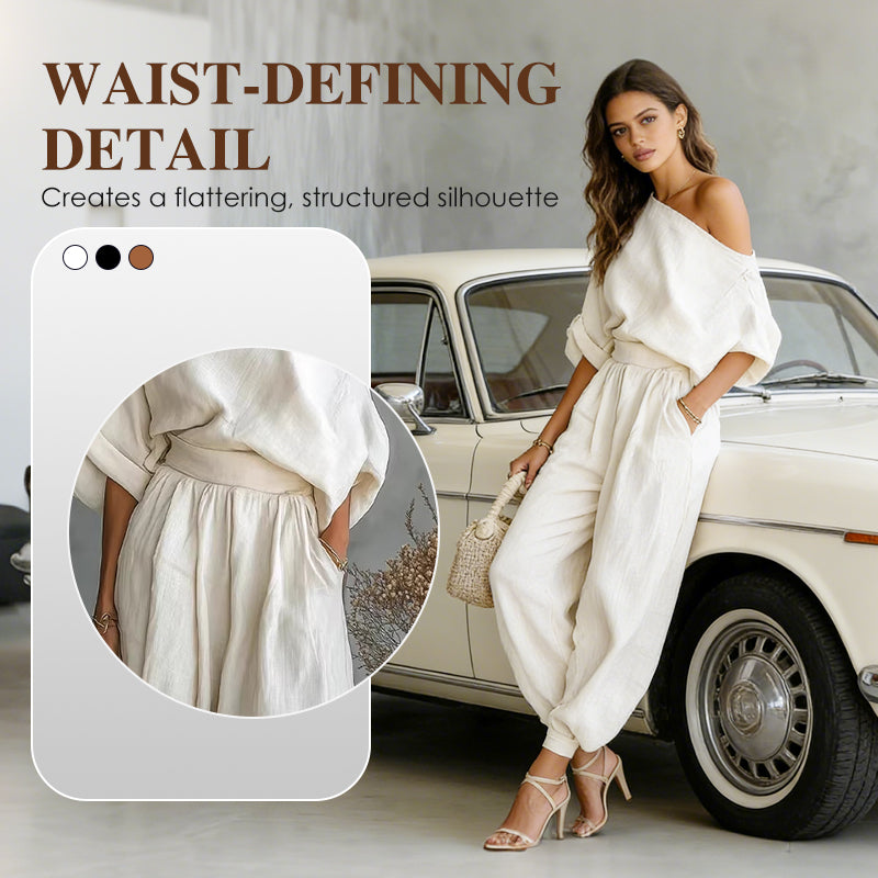 Women's Asymmetrical One-Shoulder Top & Pants Set – Flowy, Pockets & Cinched Waist for Effortless Elegance 👗✨