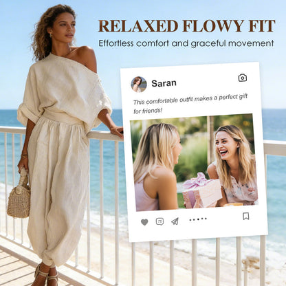 Women's Asymmetrical One-Shoulder Top & Pants Set – Flowy, Pockets & Cinched Waist for Effortless Elegance 👗✨