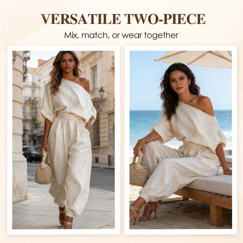 Women's Asymmetrical One-Shoulder Top & Pants Set – Flowy, Pockets & Cinched Waist for Effortless Elegance 👗✨