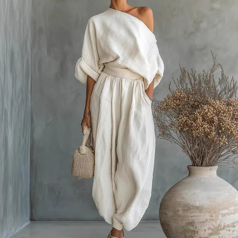 Women's Asymmetrical One-Shoulder Top & Pants Set – Flowy, Pockets & Cinched Waist for Effortless Elegance 👗✨