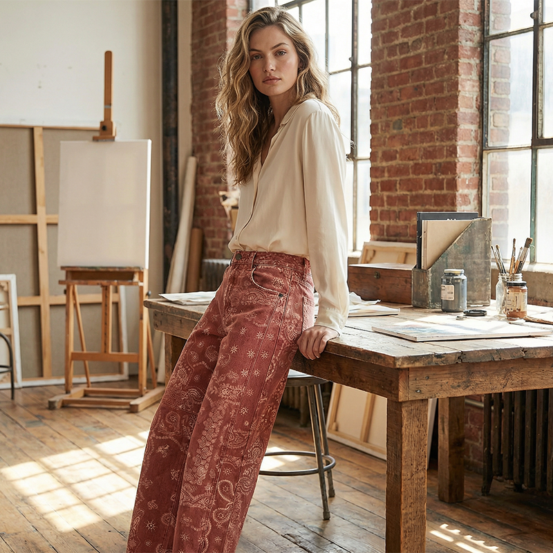Vintage Print Barrel Leg Jeans