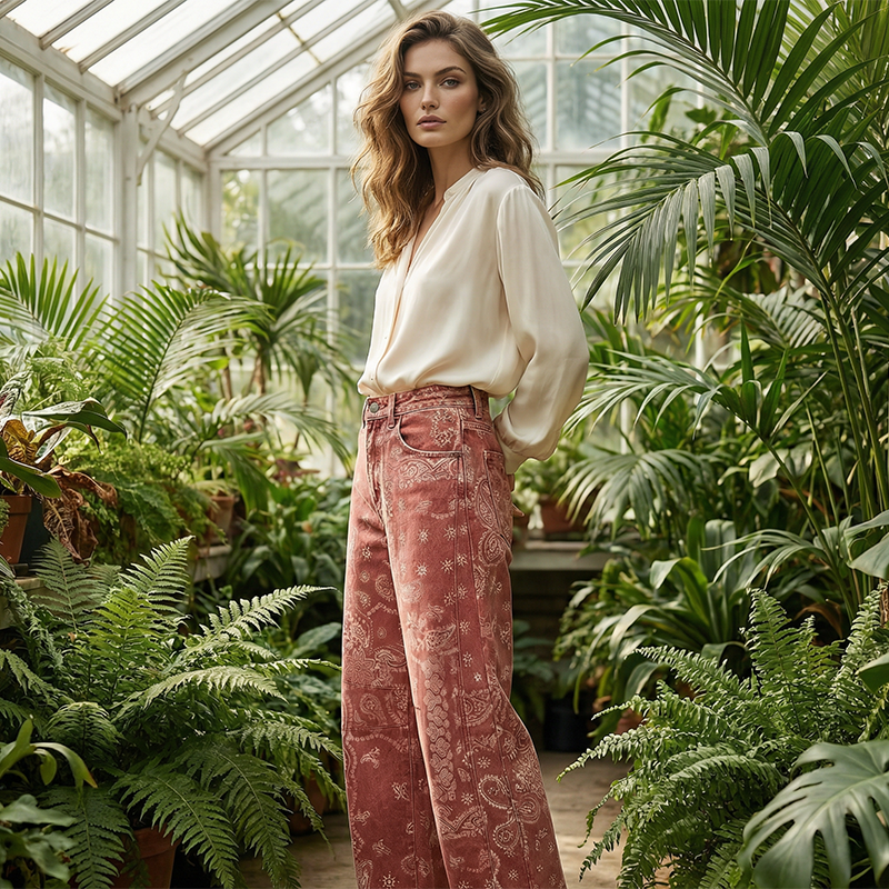 Vintage Print Barrel Leg Jeans