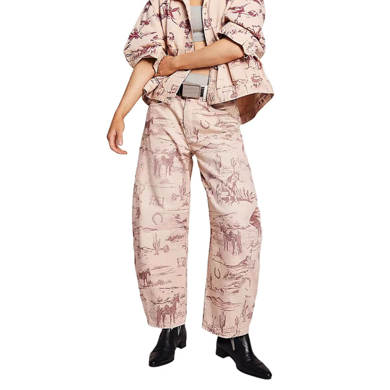 Vintage Print Barrel Leg Jeans
