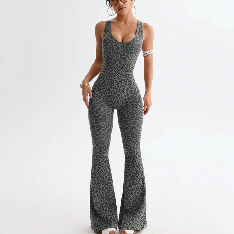 Women's Cheetah Print Workout Jumpsuit with Built-in Bra ✨