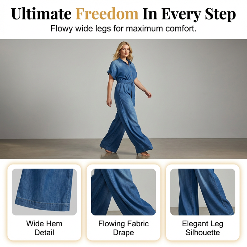 Women's Collared Wide-Leg Denim Jumpsuit