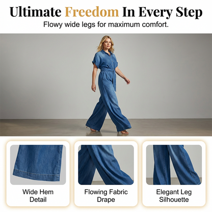 Women's Collared Wide-Leg Denim Jumpsuit