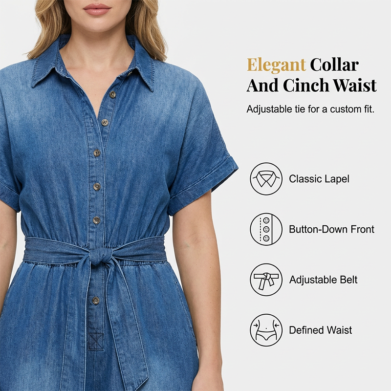 Women's Collared Wide-Leg Denim Jumpsuit