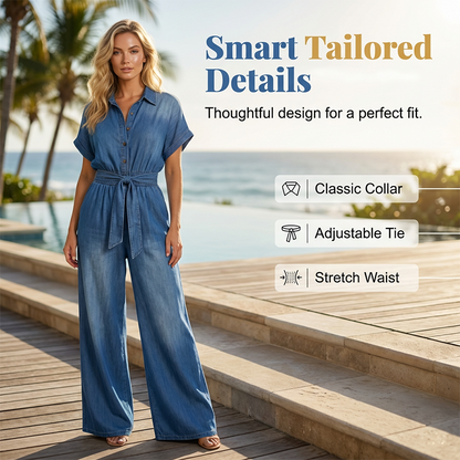 Women's Collared Wide-Leg Denim Jumpsuit