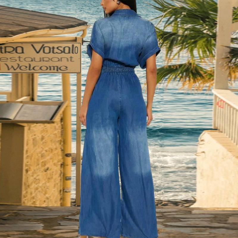 Women's Collared Wide-Leg Denim Jumpsuit