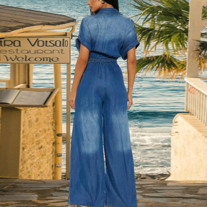 Women's Collared Wide-Leg Denim Jumpsuit